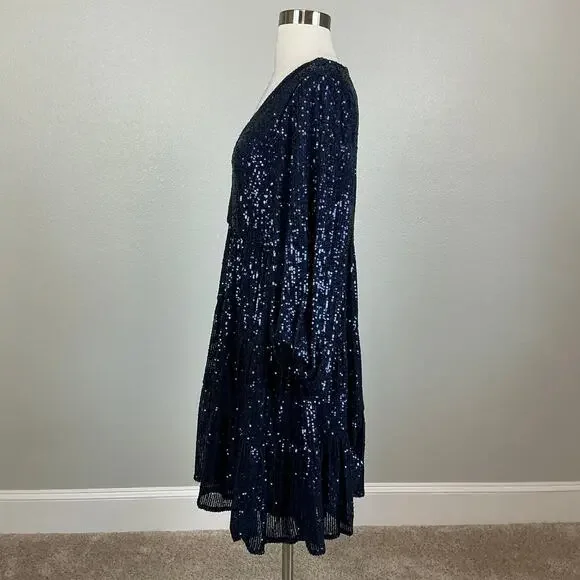 Eliza J Sequined Long Sleeve A-Line V-Neck Mini Cocktail Dress Navy Blue Size 8 - Picture 6 of 13